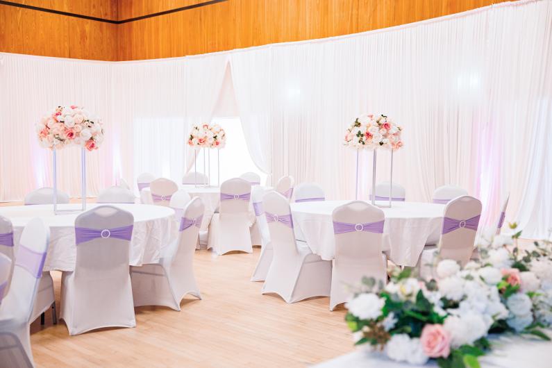 The Main Hall Wedding Layout with White Decorations 