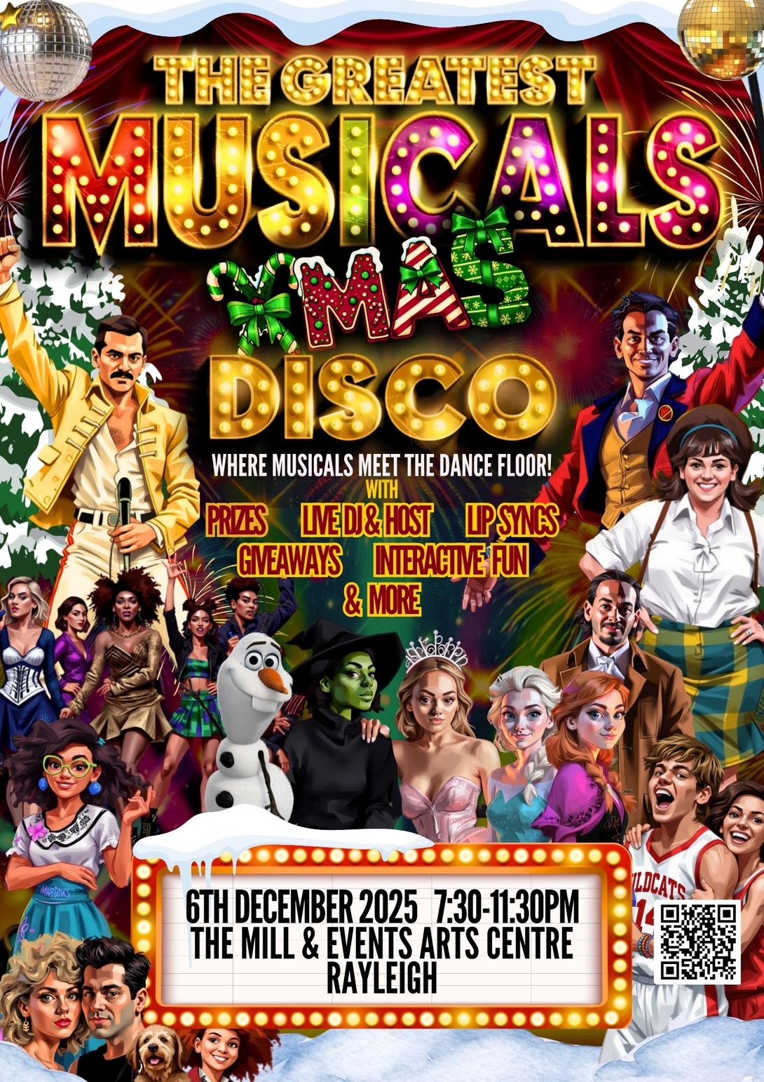 Poster for Greatest Musical Xmas Disco. All information on poster is available on webpage